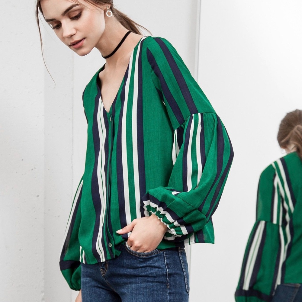 J.O.A. - Green Striped Button Front V-Neck Blouse